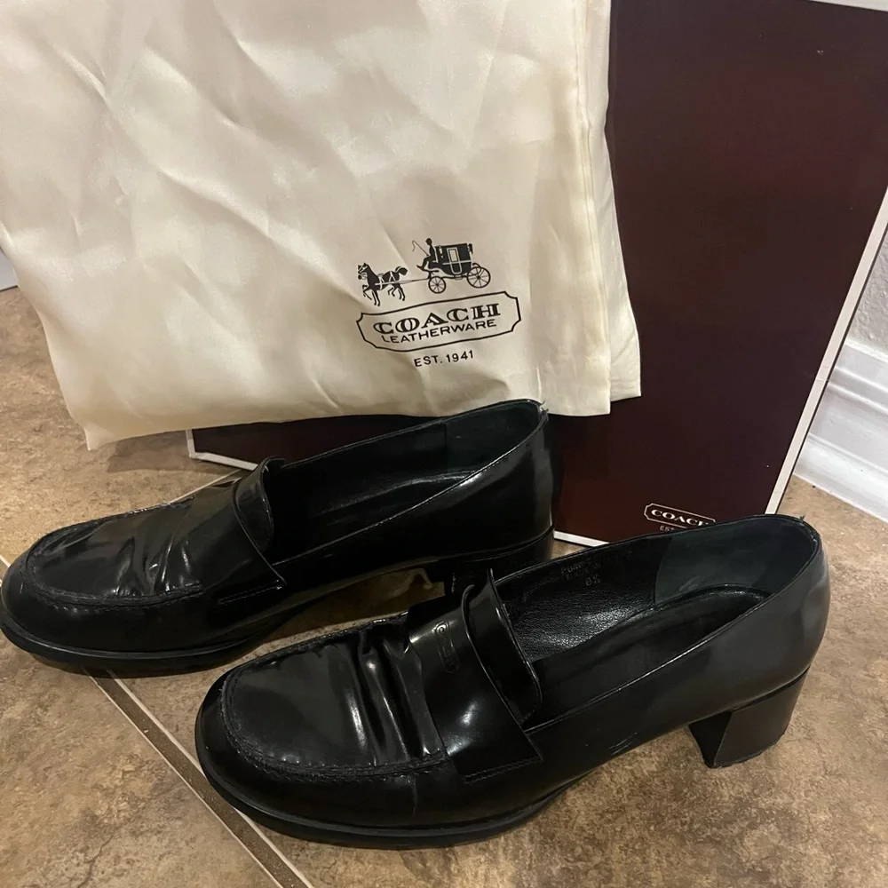 Coach Leather Black Patent Block Heeled Penny Loafer Shoes - Picture 10 of 10